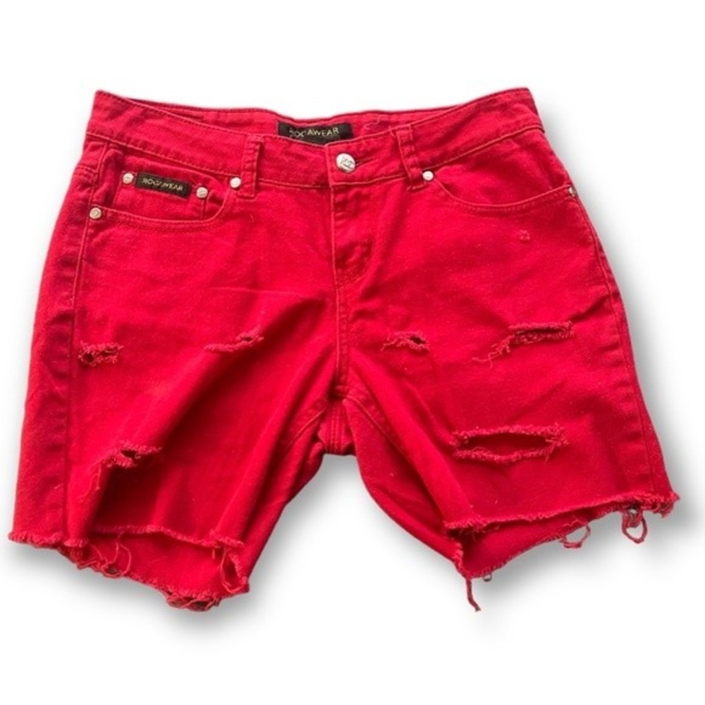 Rocawear Red Distressed Rhinestone Back Pocket Long Shorts Sz 7 Streetwear Emo